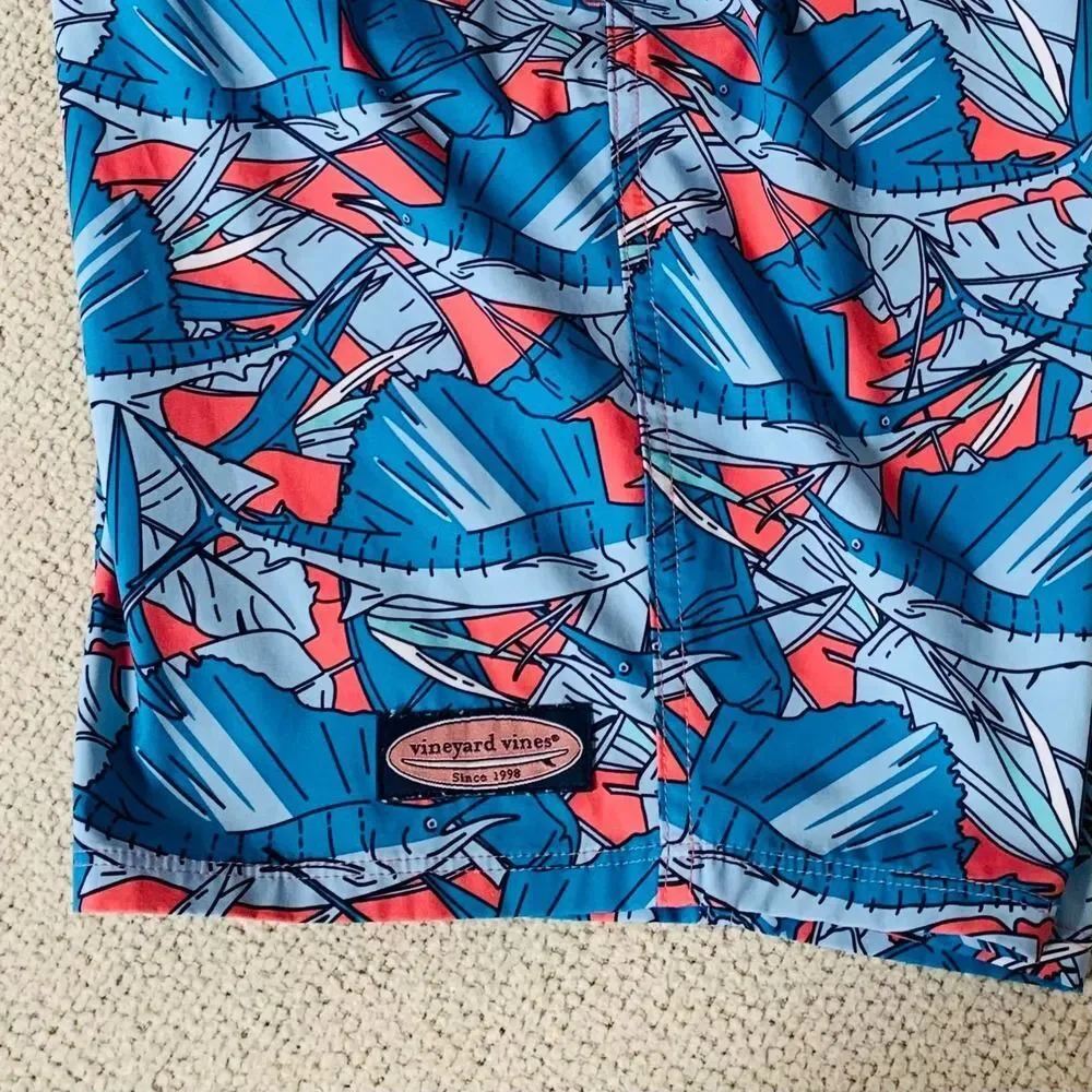 Vineyard Vines Fish Print Swim Shorts Blue Red Size 32 Elastic Waist Drawstring